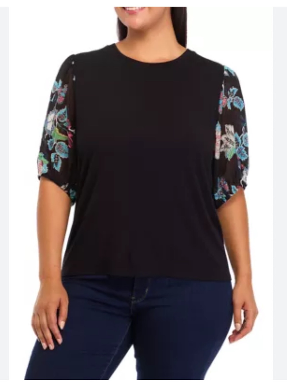 NWT Tahari 2X Black Floral Sheer Balloon Sleeve Knit Blouse Plus Size